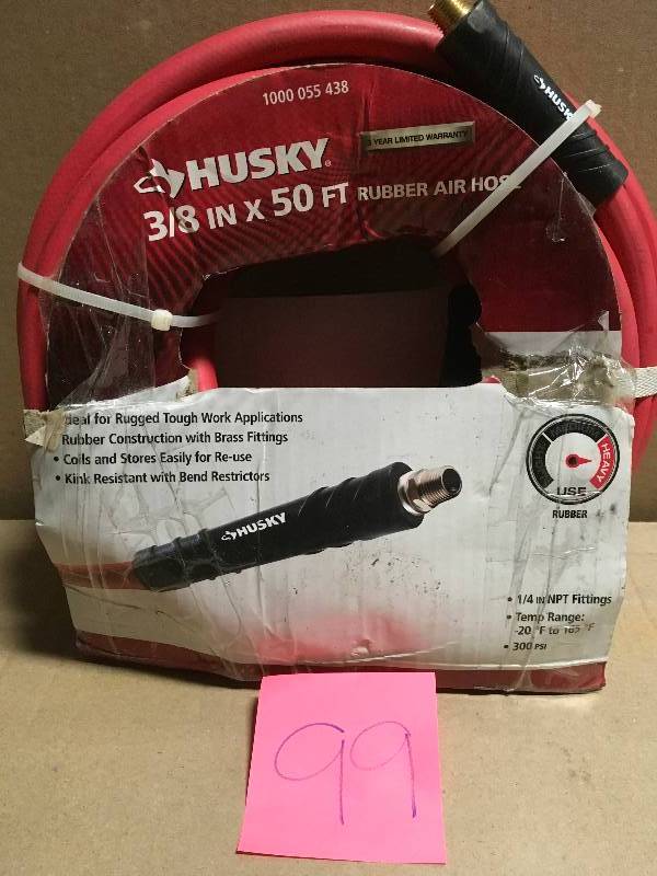 lot 99 image: Husky 38 in. x 50 ft. Red Rubber Air Hose in good condition