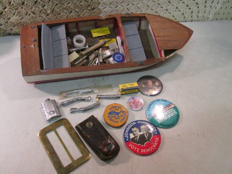 lot 50 image: Vintage Wood Boat Full of Misc Smal...
