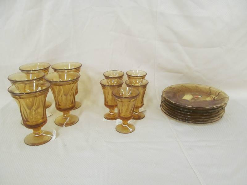 lot 11 image: Fostoria Jamestown Amber glass ware