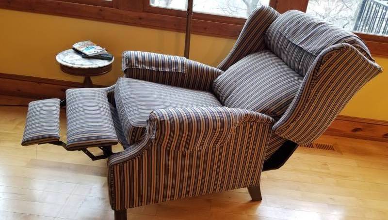 lot 16 image: Ethan Allen Upholstered Striped Recliner Arm Chair