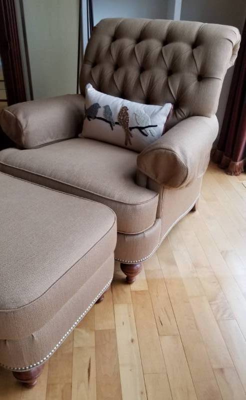 lot 13 image: Ethan Allen Tufted Camel Upholstered Armchair and Ottoman