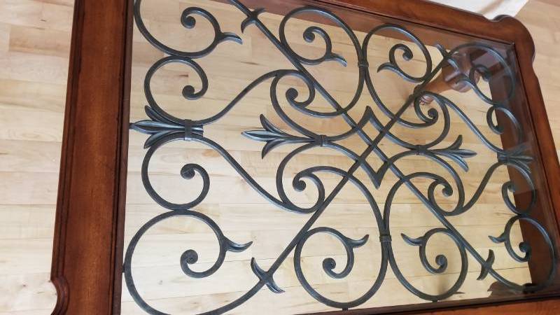 lot 17 image: Ethan Allen Tuscany Iron and Mahogany Carved Wood Coffee Table