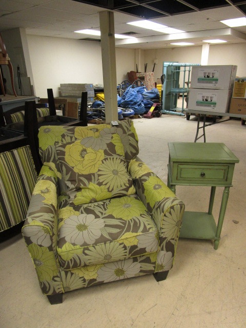 lot 141 image: FLORAL ARMCHAIR WITH GREEN END TABLE