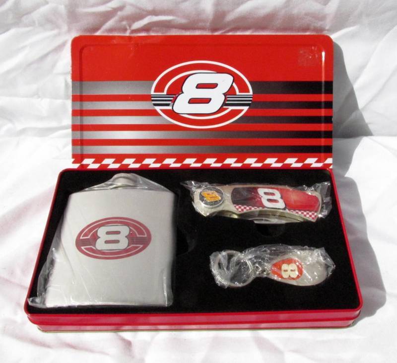 lot 26 image: New #8 Dale Earnhardt Jr. Flask, Knife and Key Chain Set