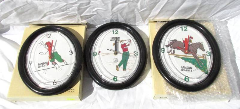 lot 28 image: Lot of New Vintage Tanson Quartz Sports Themed Clocks