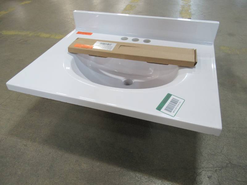 lot 58 image: Design House 25 in. Cultured Marble Vanity Top in White on White with Basin 552810 WIth Sidesplash.