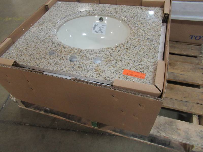 lot 62 image: Home Decorators Collection Pegasus 25 X 22 Deep Granite Vanity Top in Montesol with White Bowl and 8 in. Faucet Spread - Slight Crack