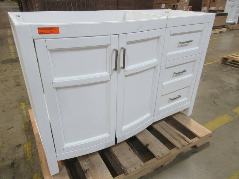 lot 25 image: allen  roth Moravia White Single Sink Vanity Cabinet 47 14 x 19 12 x 32 12 Tall,  1142VA-48-201 - Missing Vanity Top, Scrape on backside