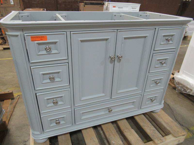 lot 26 image: Scott Living Wrightsville Light Gray Single Sink Vanity Cabinet 47 x 21 34 x 34 Tall, 1116VA-48-242, Missing Top, soft dings on front doors and crack on center RH drawer