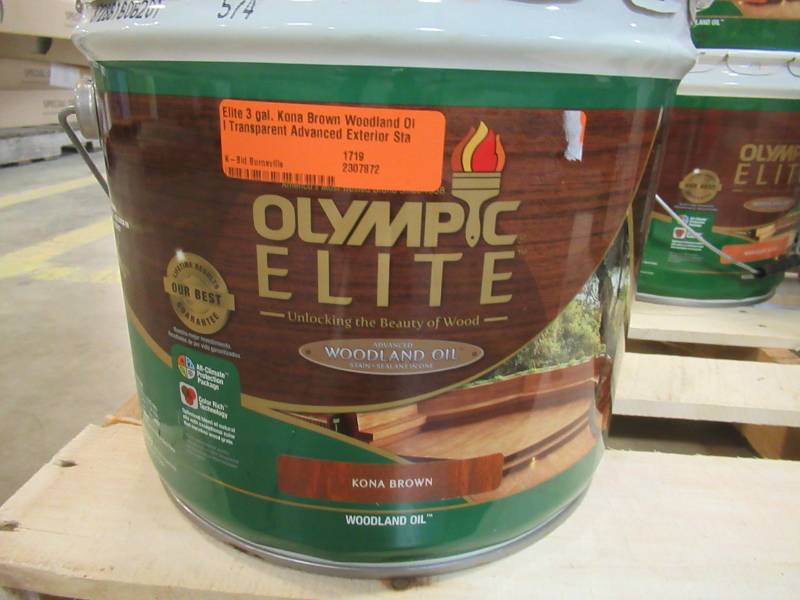 lot 204 image: Olympic Elite 3 gal. Kona Brown Woodland Oil Transparent Advanced Exterior Stain and Sealant in One, 80104-03