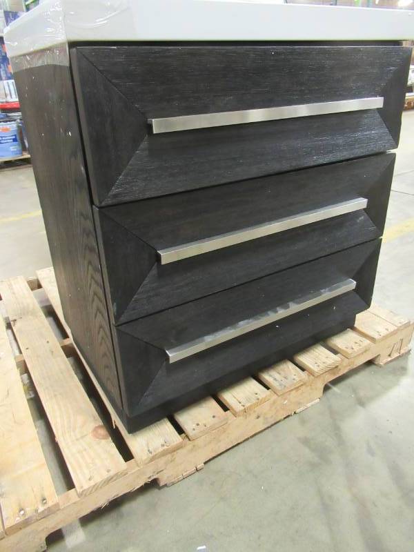 lot 36 image: Picket House Furnishings Grace 3-Drawer Black Nightstand with Hidden Drawer, CP600NS - Chips in Quarts top, Drawers have some issues OpenClose.