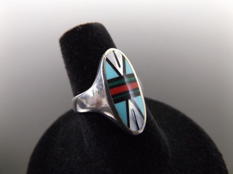 lot 1 image: .925 Sterling Silver Zuni Inlayed Turquoise, Red Coral, etc. Ring Size 7