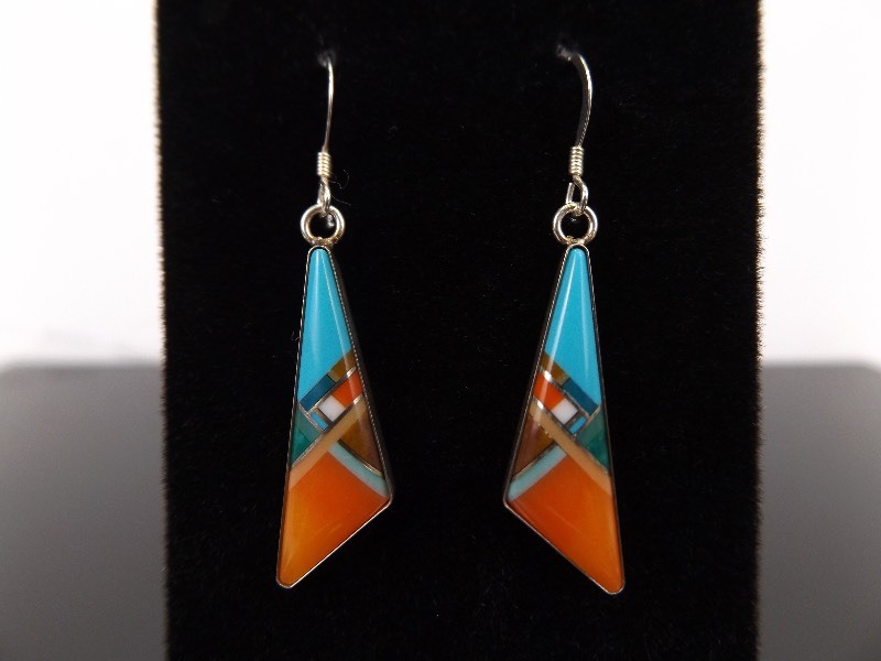 lot 43 image: .925 Sterling Silver Zuni Multi Semi Precious Stone Earrings