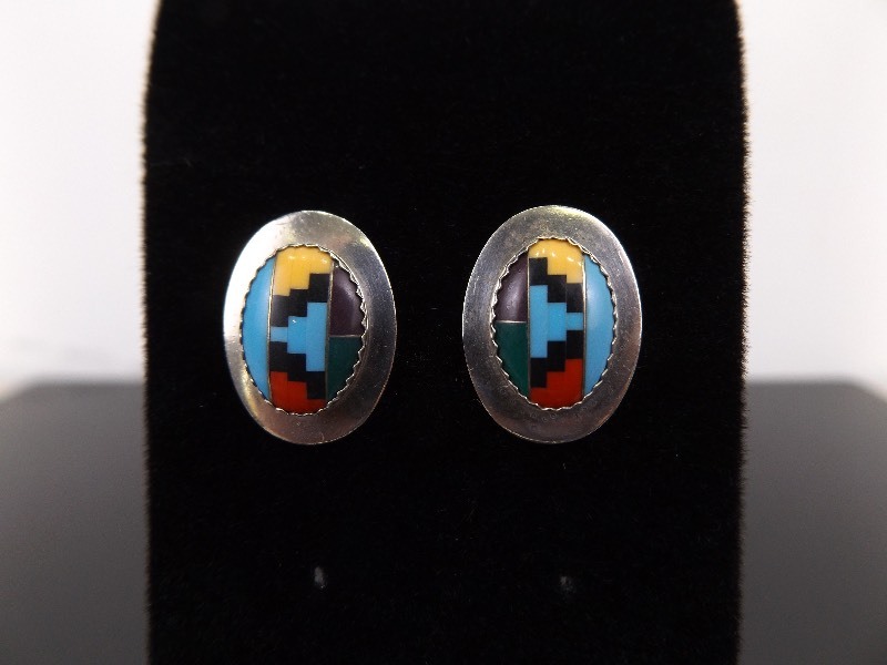 lot 44 image: .925 Sterling Silver Zuni Multi Semi Precious Stone Earrings