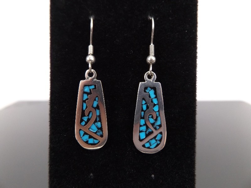 lot 45 image: .925 Sterling Silver Inlayed Crushed Turquoise Zuni Dangle Earrings