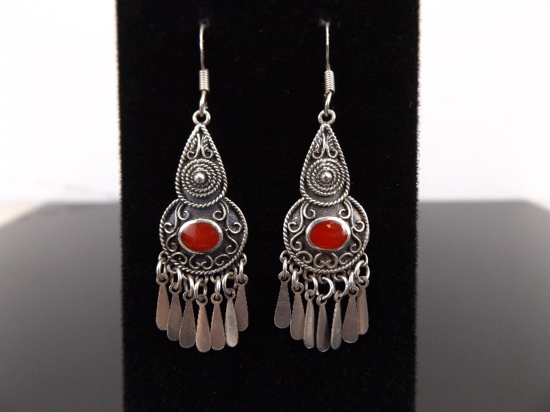 lot 46 image: .925 Sterling Silver Inlayed Red Coral Navajo Dangle Earrings