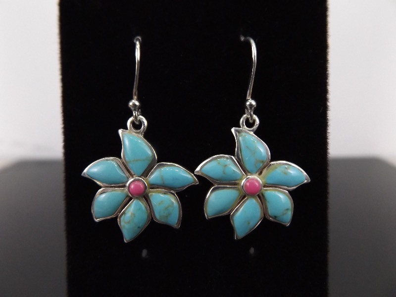 lot 47 image: .925 Sterling Silver Turquoise and Red Coral Flower Dangle Earrings