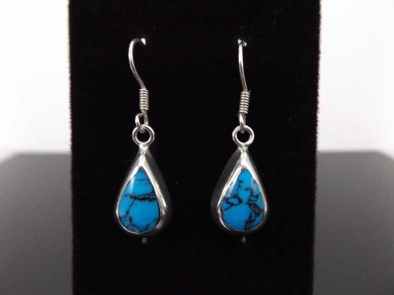 lot 50 image: .925 Sterling Silver Pear Cut Howlite Cabochon Dangle Earrings
