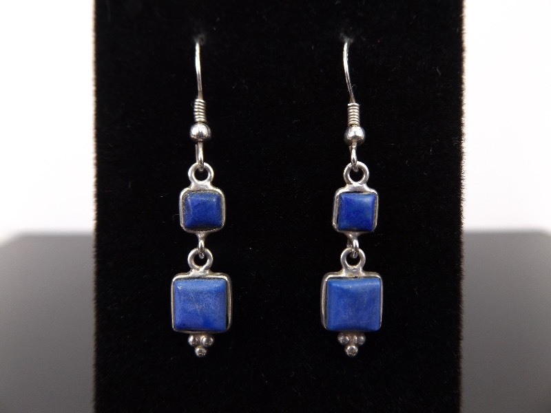 lot 53 image: .925 Sterling Silver Inlayed Lapis Lazuli Dangle Earrings