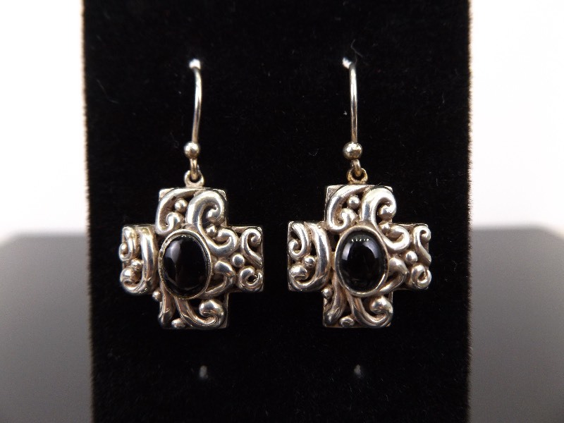 lot 59 image: .925 Sterling Silver Art Nouveau Onyx Cabochon Cross Dangle Earrings