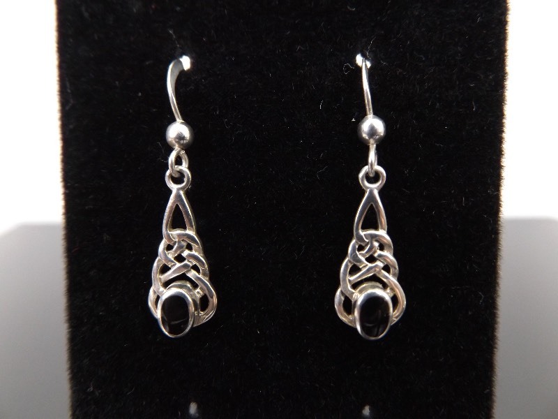 lot 64 image: .925 Sterling Silver Art Nouveau Onyx Cabochon Dangle Earrings
