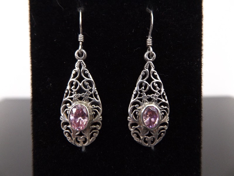 lot 69 image: .925 Sterling Silver Faceted Pink Topaz Dangle Earrings