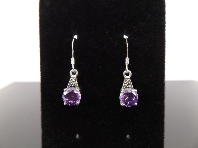 lot 71 image: .925 Sterling Silver Faceted Amethyst Dangle Earrings