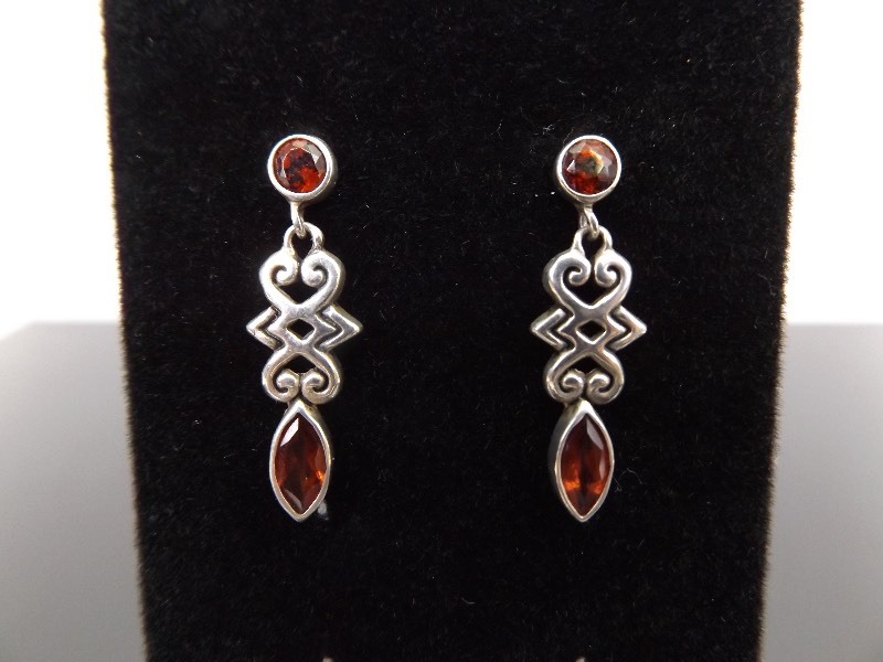 lot 76 image: .925 Sterling Silver Marquise Garnet Dangle Earrings
