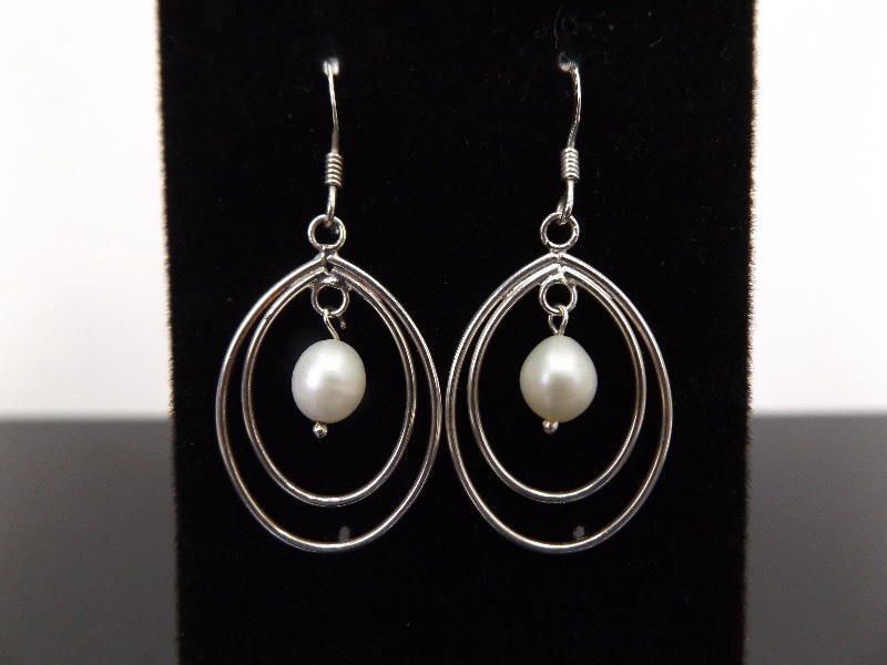 lot 85 image: .925 Sterling Silver Cultured Pearl Hoop Dangle Earrings
