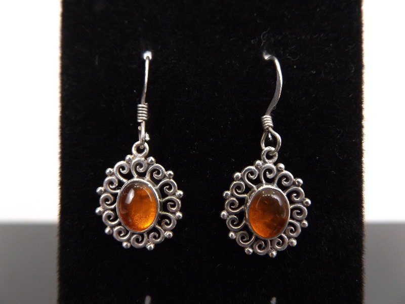 lot 87 image: .925 Sterling Silver Amber Cabochon Dangle Earrings