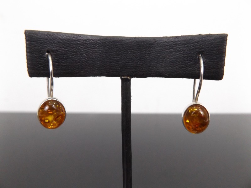 lot 88 image: .925 Sterling Silver Amber Cabochon Dangle Earrings