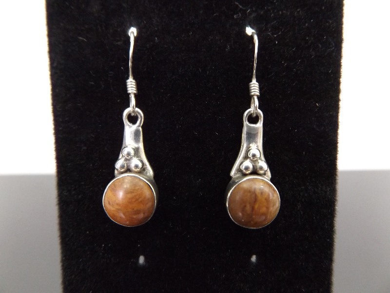lot 89 image: .925 Sterling Silver Brown Jasper Cabochon Dangle Earrings
