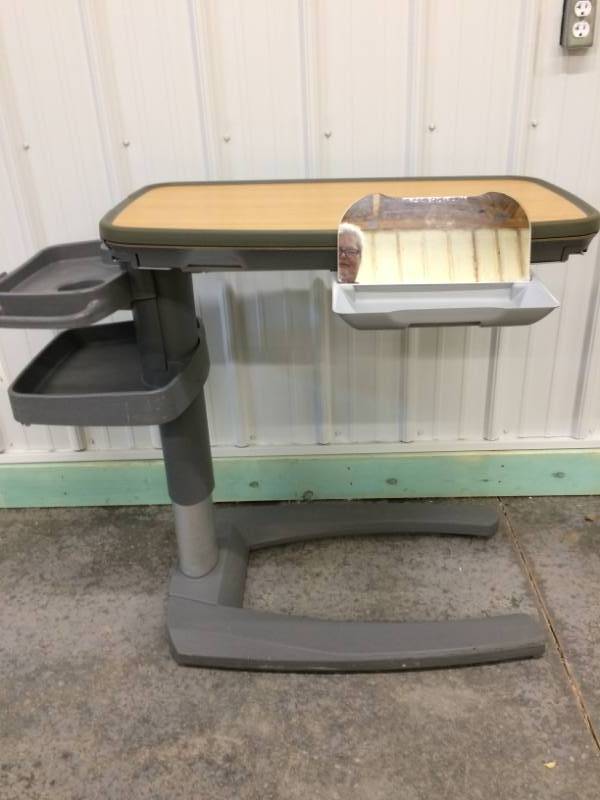 Retails New $1000 - Top Of The Line Stryker Tru-fit Overbed Table Over the Bed Hospital Wheelchair Tray Adjustable Bedside Table Large Split Top Surface With Vanity Mirror &amp Extra Storage - Excellent Condition