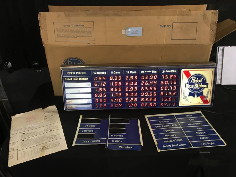 lot 203 image: PBR Pabst Blue Ribbon Beer price board