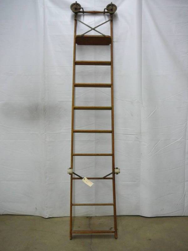 lot 41 image: Antique Oak Library Ladder With Brackets & Rollers
