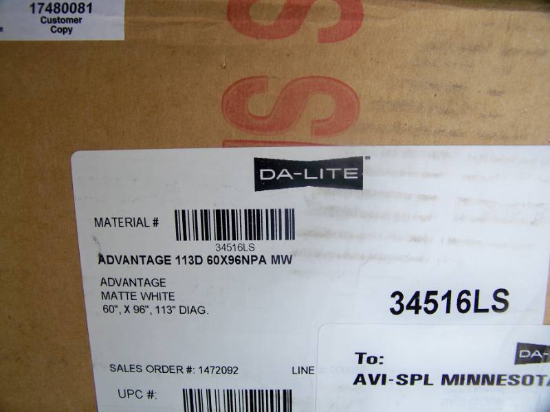 lot 33 image: Da-Lite, Advantage, 113 Diagonal, Electrol (Motorized), Front Projection  Movie Screen with Control  Switch - NEW in Original Box