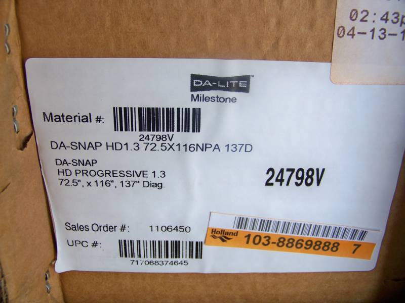 lot 36 image: Da-Lite, DA-Snap, HD Progressive 1.3, 137 Diagonal, Fixed Frame Movie  Projection Screen - NEW in Original Box