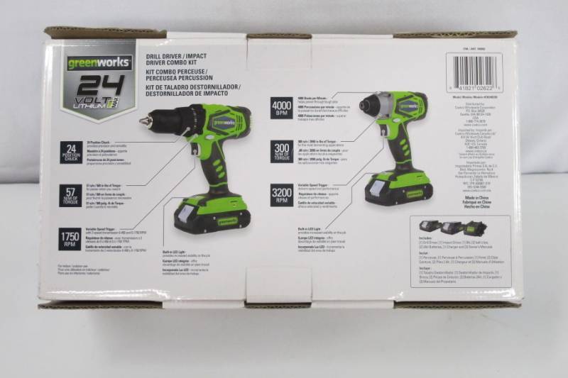 lot 27 image: GreenWorks 24 Volt 12 Lithium Max Cordless Drill Driver  Impact Driver Combo Kit