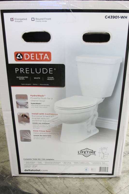 lot 28 image: Delta Prelude 2-piece 1.28 GPF Single Flush Elongated Front Toilet White C43901-WH New in OEM Open Box