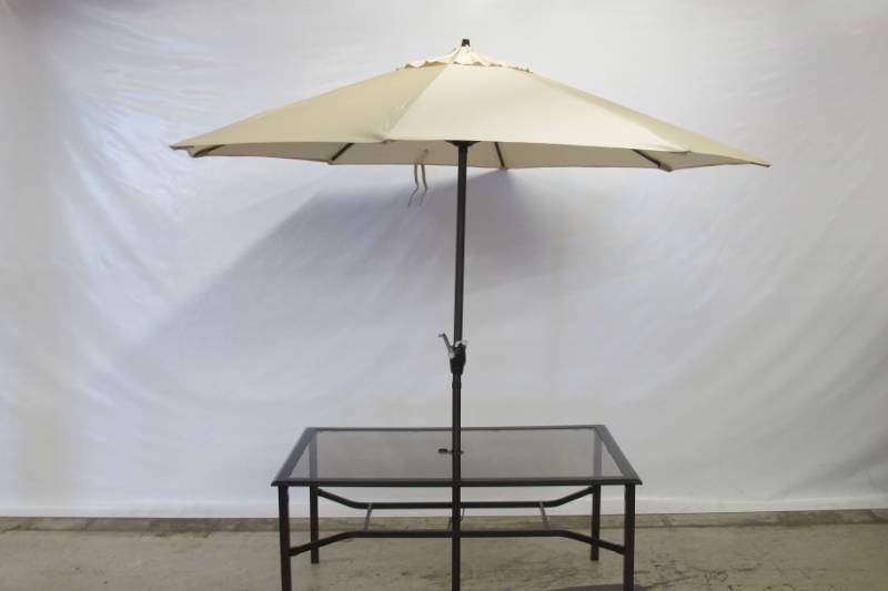 Outdoor Glass Top Patio Table With 9 Tilting Beige Umbrella New