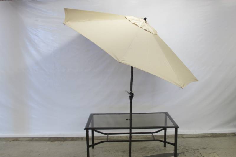 lot U8 image: Outdoor Glass Top Patio Table with 9 Tilting Beige Umbrella NEW in BOX (NO BASE INCLUDED)