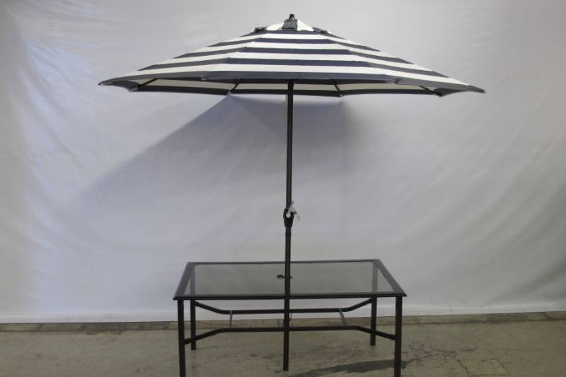 lot U9 image: Outdoor Glass Top Patio Table with 9 Tilting Blue Striped Umbrella NEW in BOX (NO BASE INCLUDED)