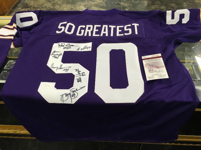 Minnesota Vikings 50 Greatest Jersey Signed by (6) with John Gilliam,  Doug Sutherland, Gene Washington, Stu Voigt, Henry Thomas & Kevin Williams  (JSA COA)