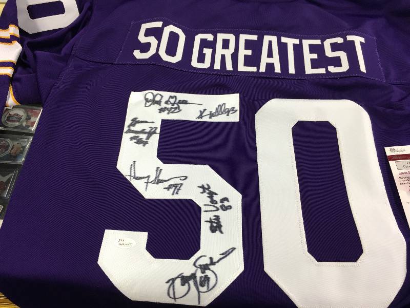 Minnesota Vikings 50 Greatest Jersey Signed by (6) with John Gilliam,  Doug Sutherland, Gene Washington, Stu Voigt, Henry Thomas & Kevin Williams  (JSA COA)