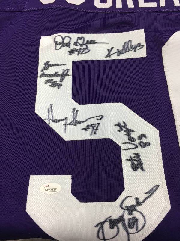 Minnesota Vikings 50 Greatest Jersey Signed by (6) with John Gilliam,  Doug Sutherland, Gene Washington, Stu Voigt, Henry Thomas & Kevin Williams  (JSA COA)