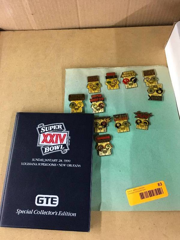 lot 83 image: Super Bowl I- XI Pins & Super Bowl XXIV Card Set Album