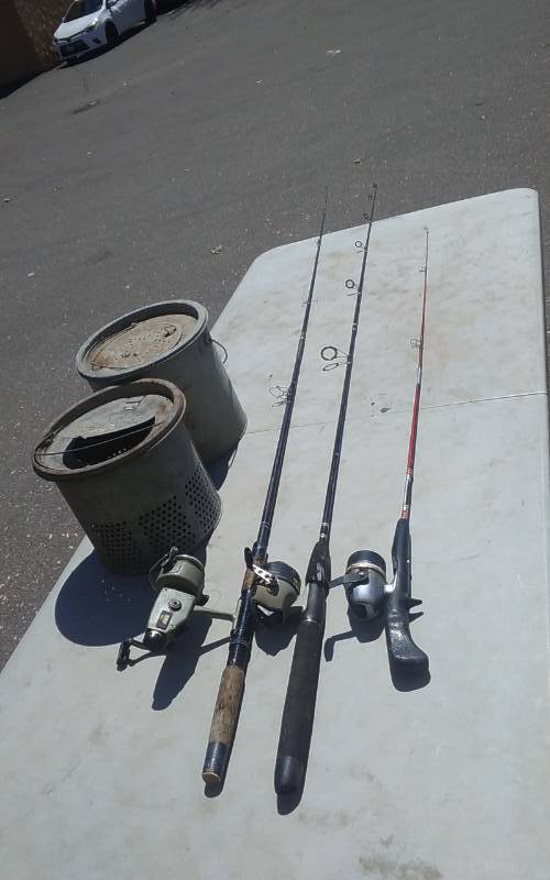 lot 61 image: 3-Fishing Rods With 2-Zebcos, 1-Abu-Reel, 2-Minnow Pails