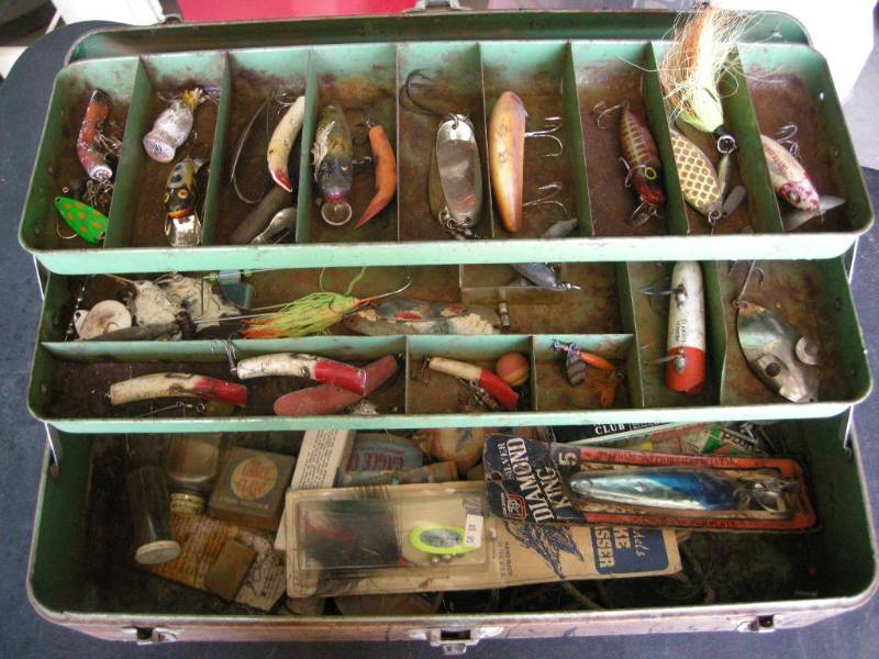 Old Tackle Box with Vintage Lures, Spring Tools, Fishing - Vintage,  Nascar, Breweriana, Die Cast, Collectables, Country Decor
