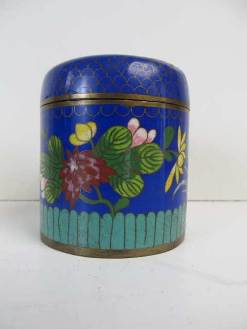 lot 194 image: Pair of Vintage Enameled Brass Cloisonn Lidded Jars