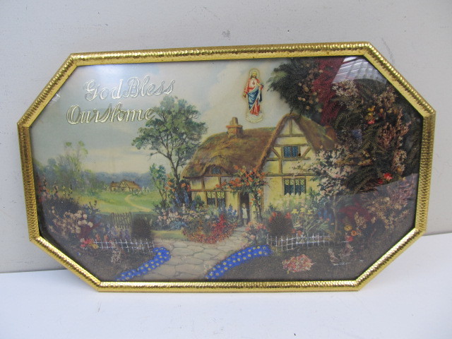 lot 147 image: Antique Convex Glass Framed Real Flower God Bless Our Home Artwork 